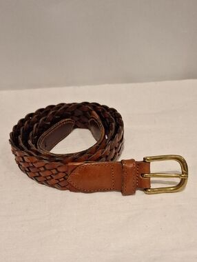 Men's Braided Italian Full Grain Leather Belt in Brown Brass Buckle Size 40